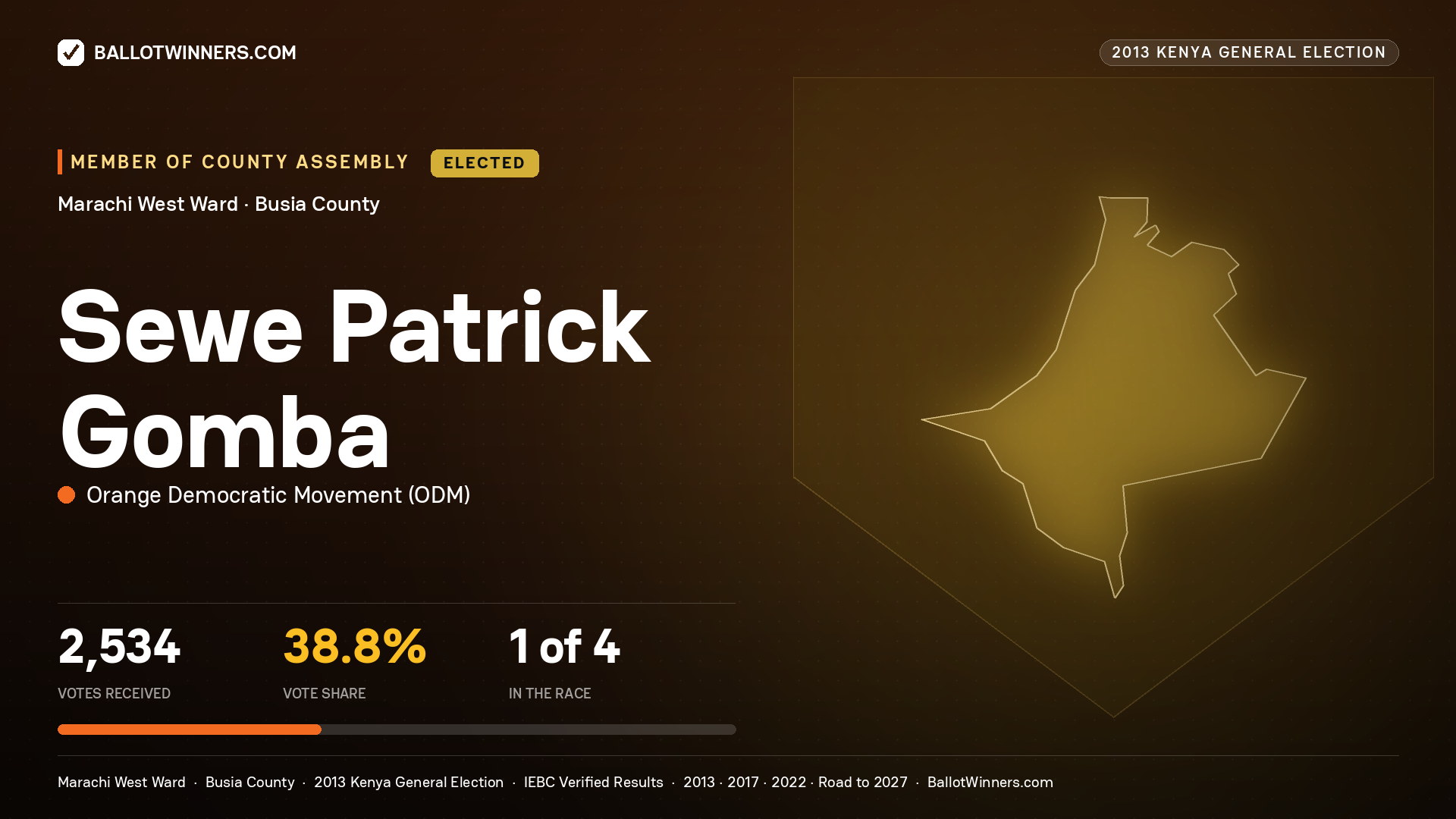 SEWE PATRICK GOMBA, elected Member of County Assembly for MARACHI WEST, 2,534 votes, 2013 Kenya general election.