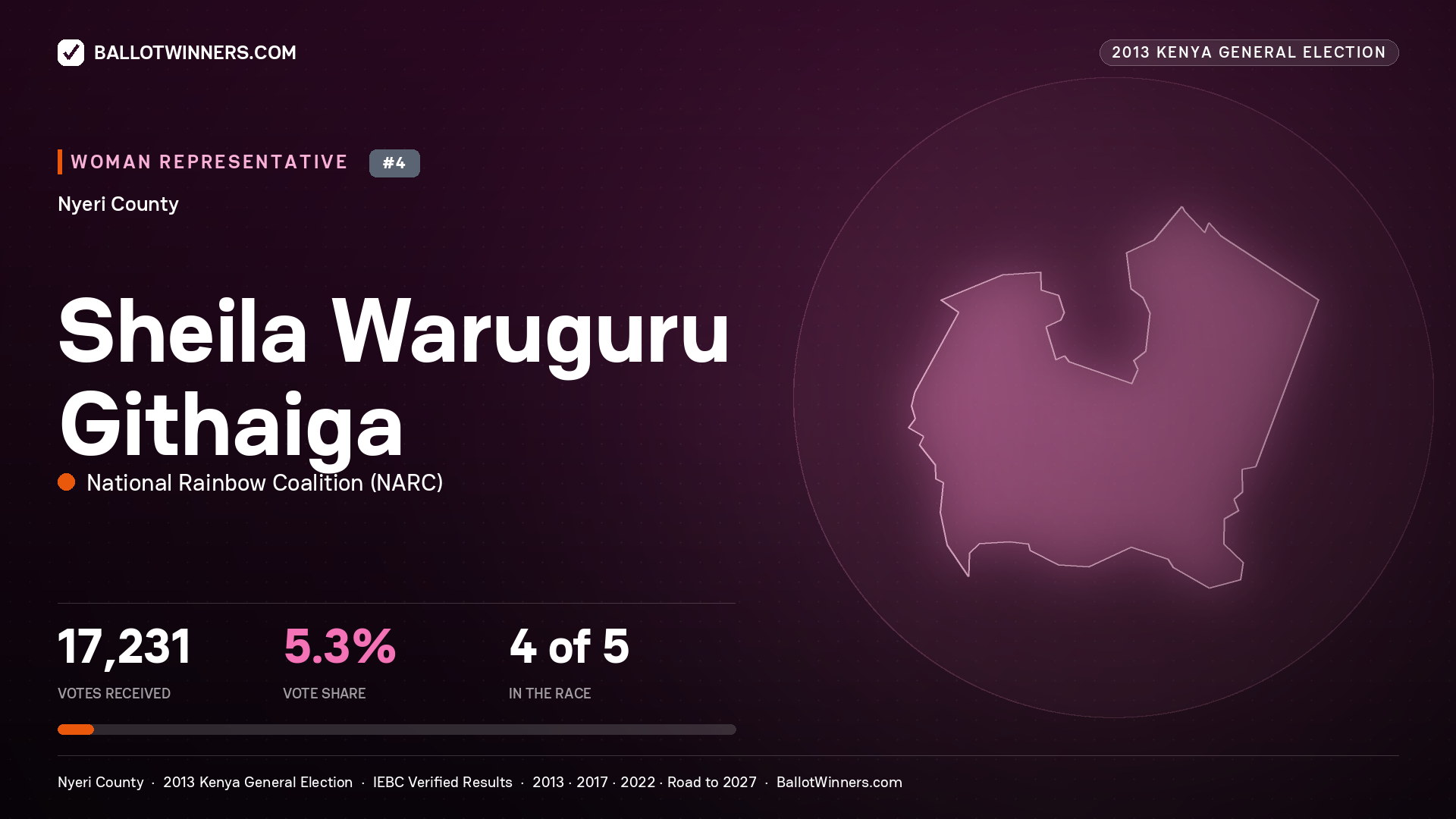SHEILA WARUGURU GITHAIGA, contested Women Representative for NYERI, 17,231 votes, 2013 Kenya general election.