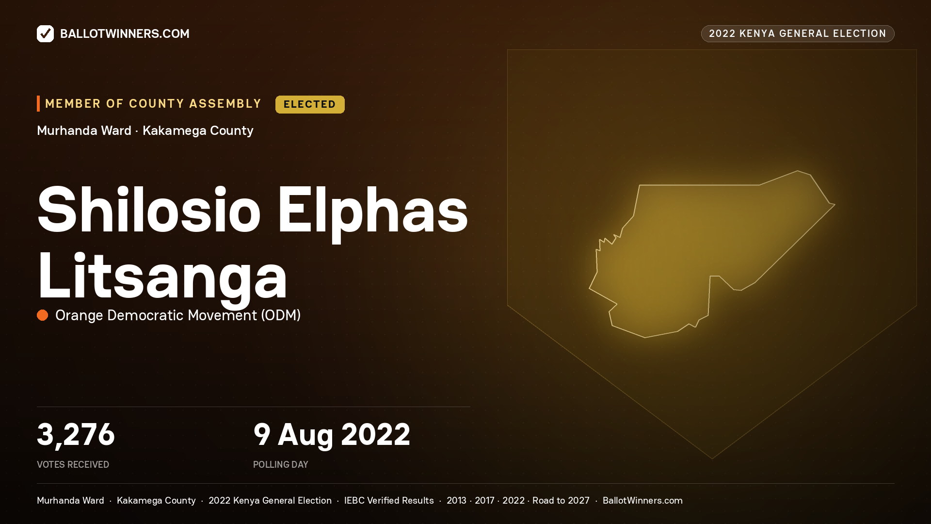 Shilosio Elphas Litsanga, Orange Democratic
Movement, elected Member of County Assembly for Murhanda, 3,276 votes, 2022 Kenya general election.