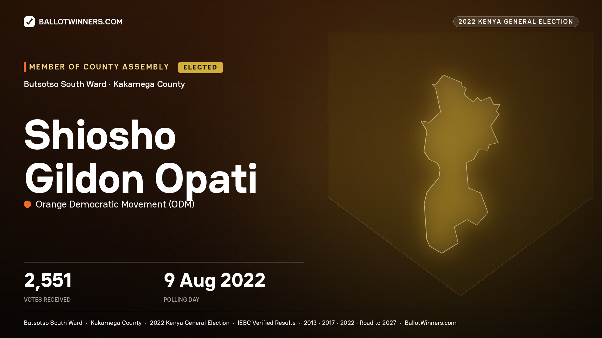 Shiosho Gildon Opati, Orange Democratic
Movement, elected Member of County Assembly for Butsotso South, 2,551 votes, 2022 Kenya general election.