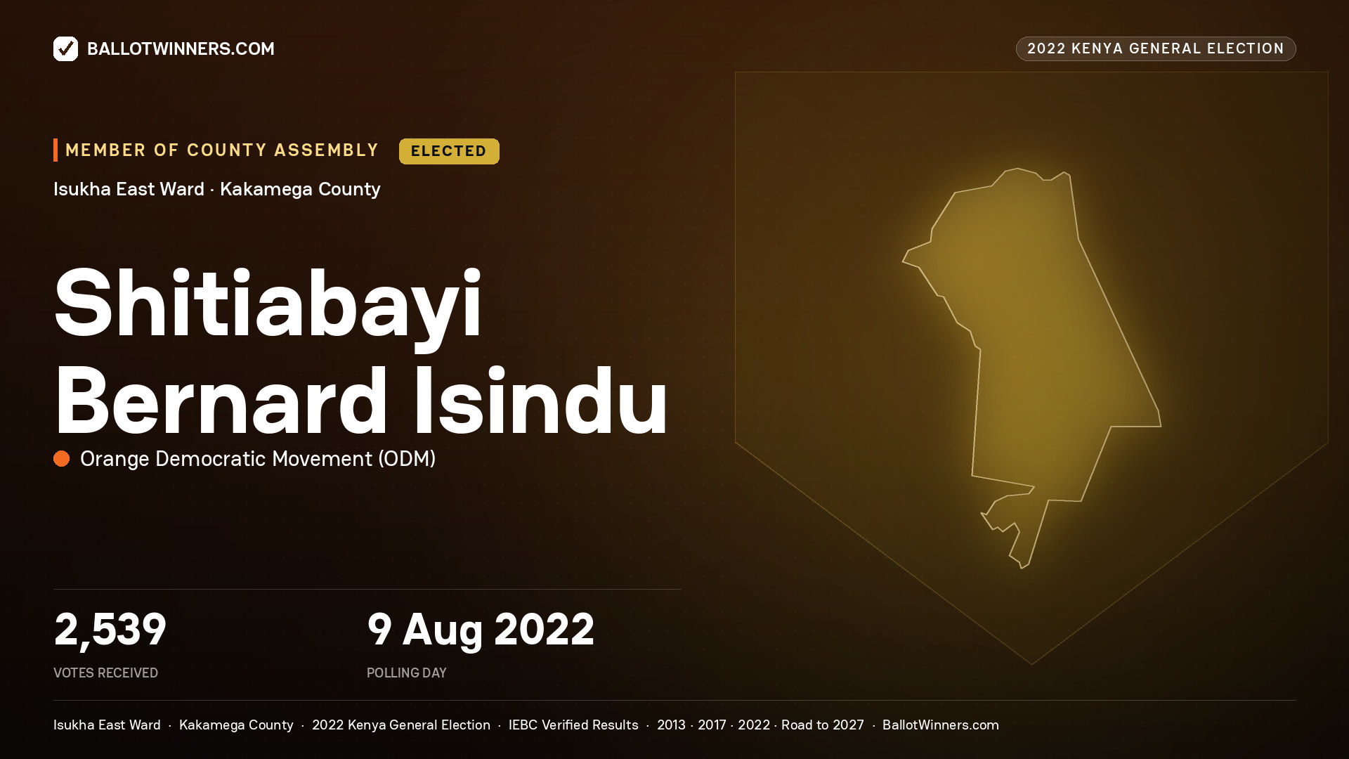 Shitiabayi Bernard Isindu, Orange Democratic Movement, elected Member of County Assembly for Isukha East, 2,539 votes, 2022 Kenya general election.