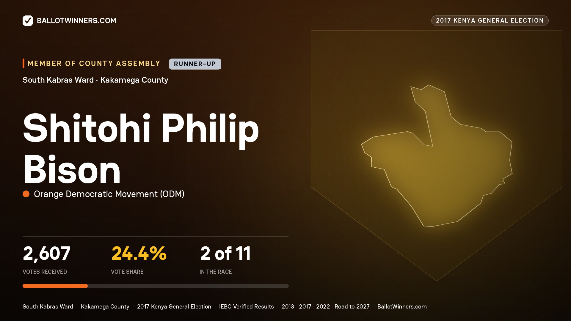 SHITOHI PHILIP BISON, ORANGE DEMOCRATIC MOVEMENT, contested Member of County Assembly for SOUTH KABRAS, 2,607 votes, 2017 Kenya general election.