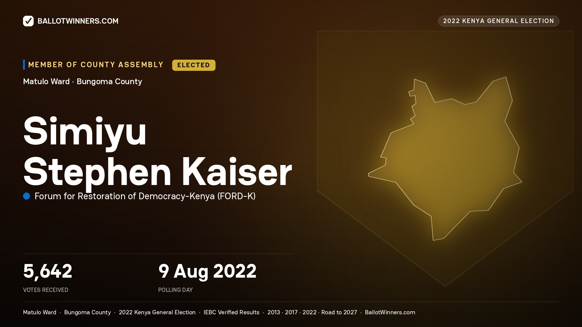 Simiyu Stephen Kaiser, Forum for Restoration of Democracy-Kenya, elected Member of County Assembly for Matulo, 5,642 votes, 2022 Kenya general election.