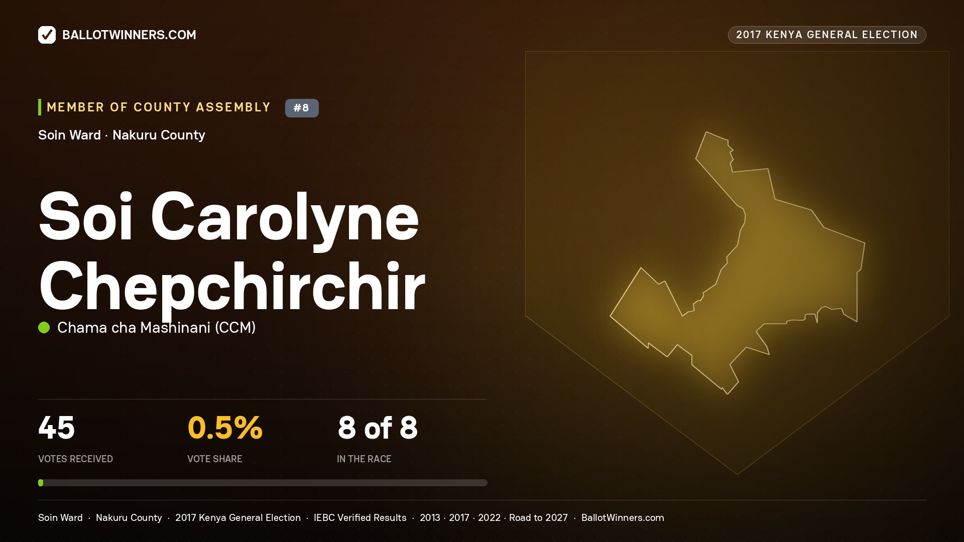 SOI CAROLYNE CHEPCHIRCHIR, CHAMA CHA MASHINANI, contested Member of County Assembly for SOIN, 45 votes, 2017 Kenya general election.