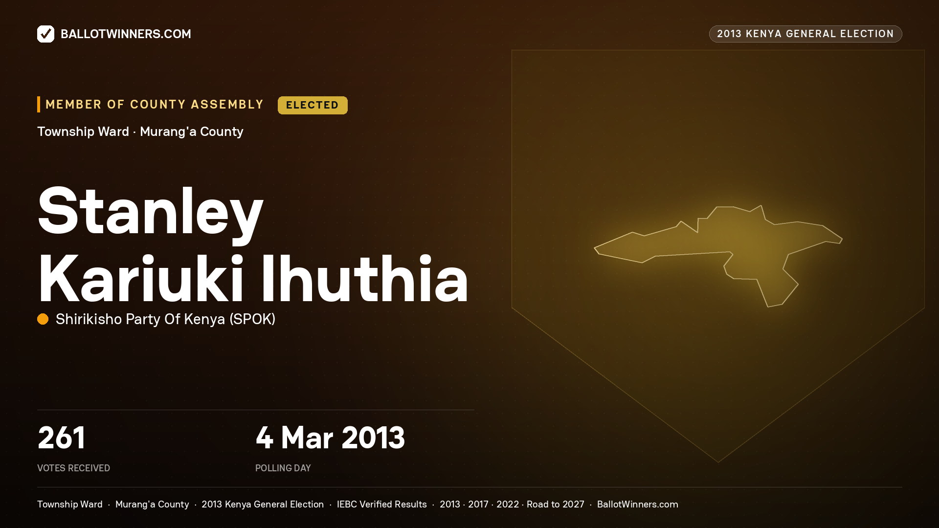 STANLEY KARIUKI IHUTHIA, elected Member of County Assembly for TOWNSHIP, 261 votes, 2013 Kenya general election.