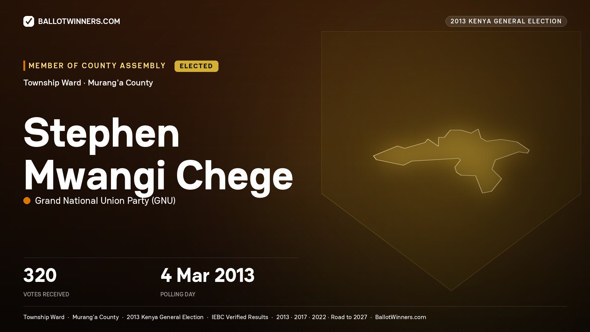 STEPHEN MWANGI CHEGE, elected Member of County Assembly for TOWNSHIP, 320 votes, 2013 Kenya general election.