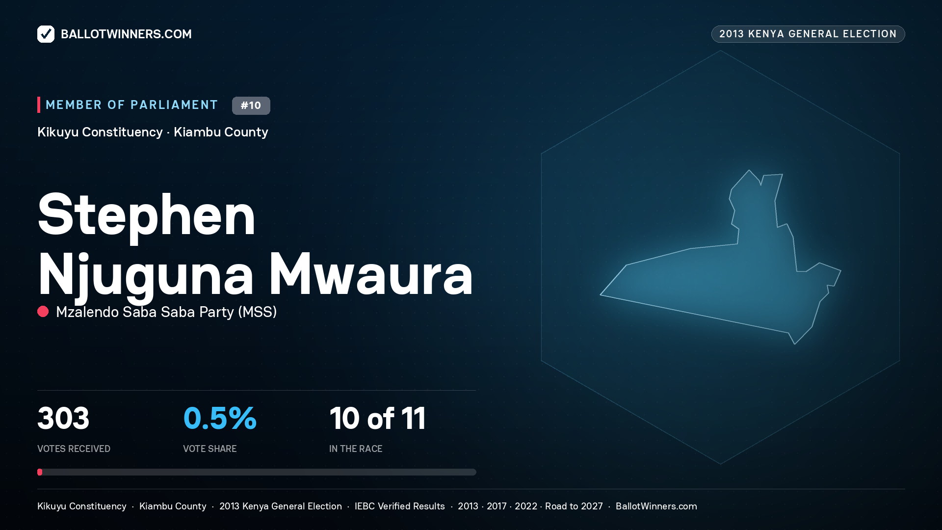 STEPHEN NJUGUNA
MWAURA, contested Member of Parliament for KIKUYU, 303 votes, 2013 Kenya general election.