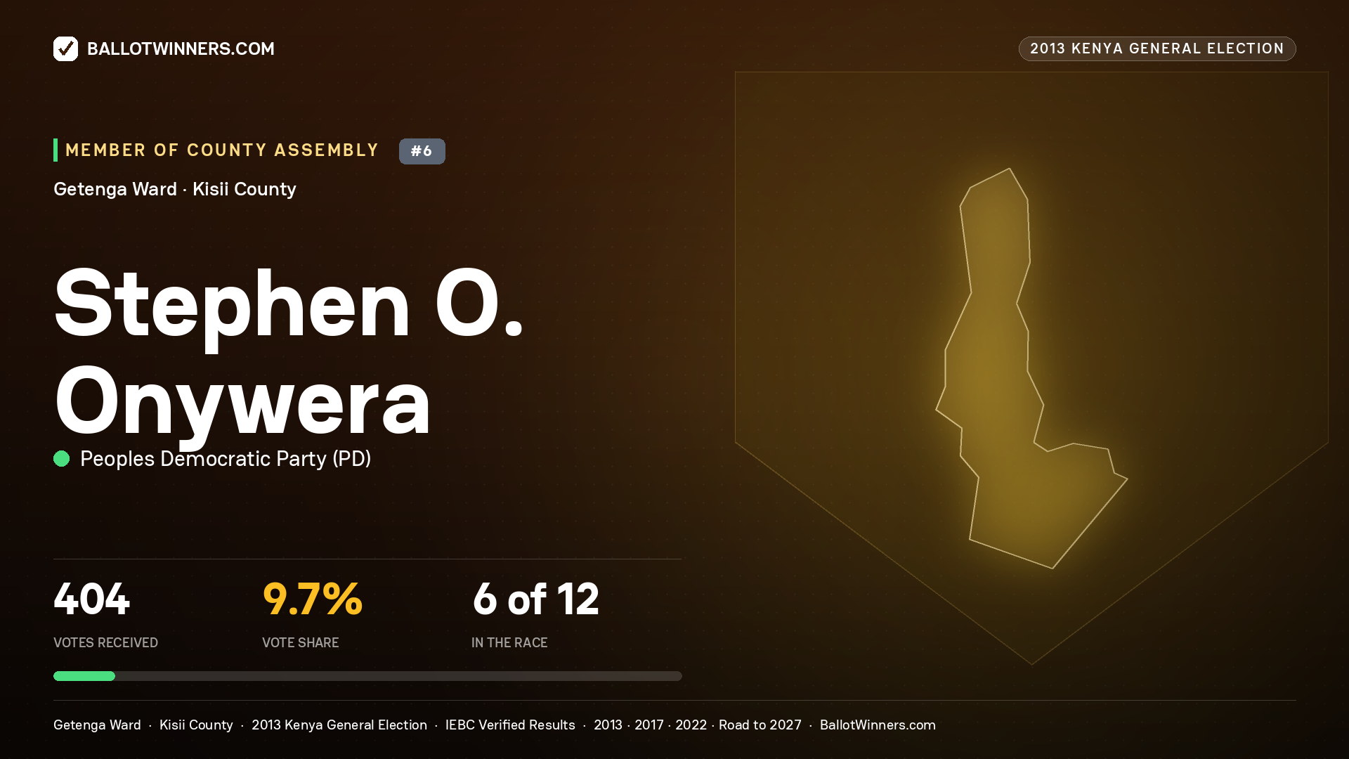 STEPHEN O. ONYWERA, contested Member of County Assembly for GETENGA, 404 votes, 2013 Kenya general election.