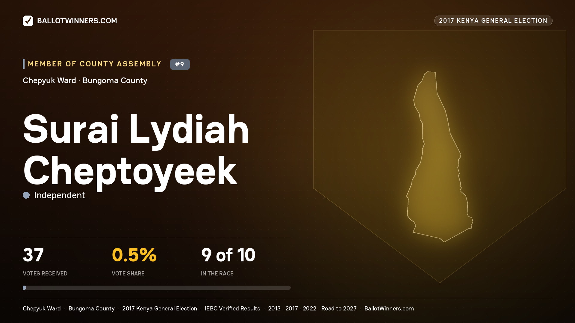 SURAI LYDIAH CHEPTOYEEK, INDEPENDENT, contested Member of County Assembly for CHEPYUK, 37 votes, 2017 Kenya general election.
