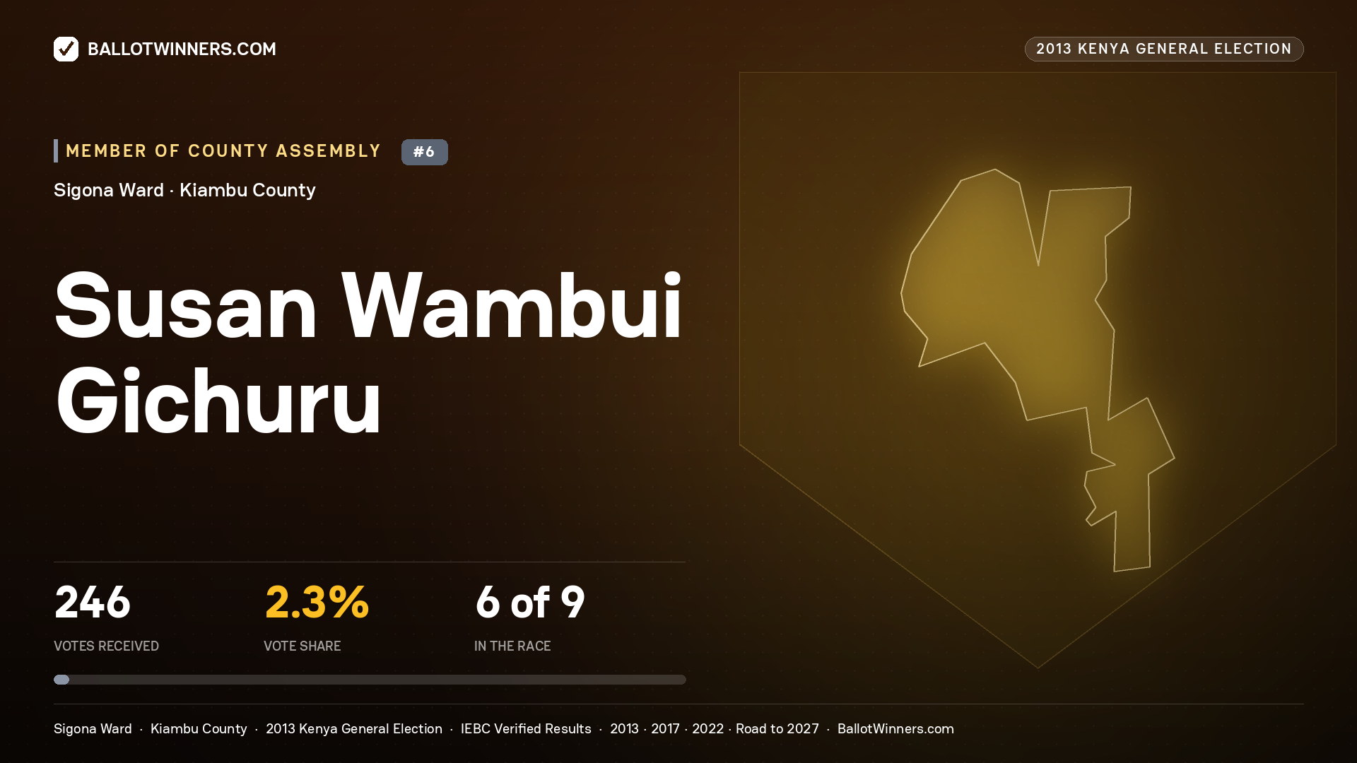 SUSAN WAMBUI GICHURU, contested Member of County Assembly for SIGONA, 246 votes, 2013 Kenya general election.