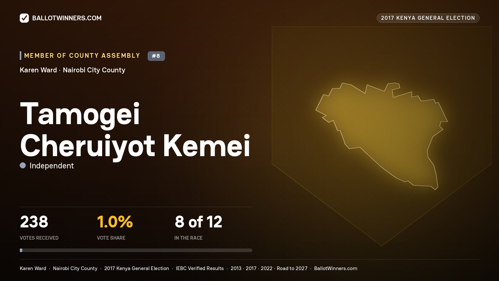 TAMOGEI CHERUIYOT KEMEI, INDEPENDENT, contested Member of County Assembly for KAREN, 238 votes, 2017 Kenya general election.