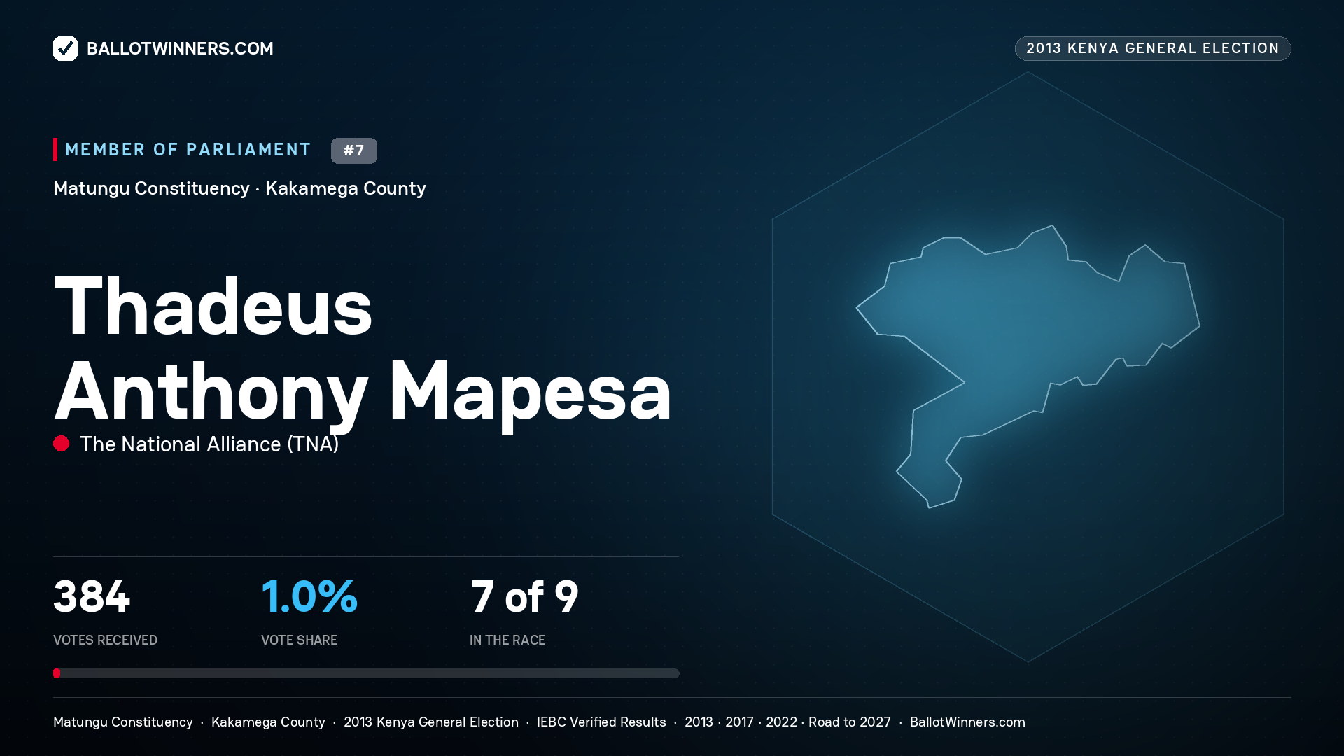 THADEUS ANTHONY MAPESA, contested Member of Parliament for MATUNGU, 384 votes, 2013 Kenya general election.