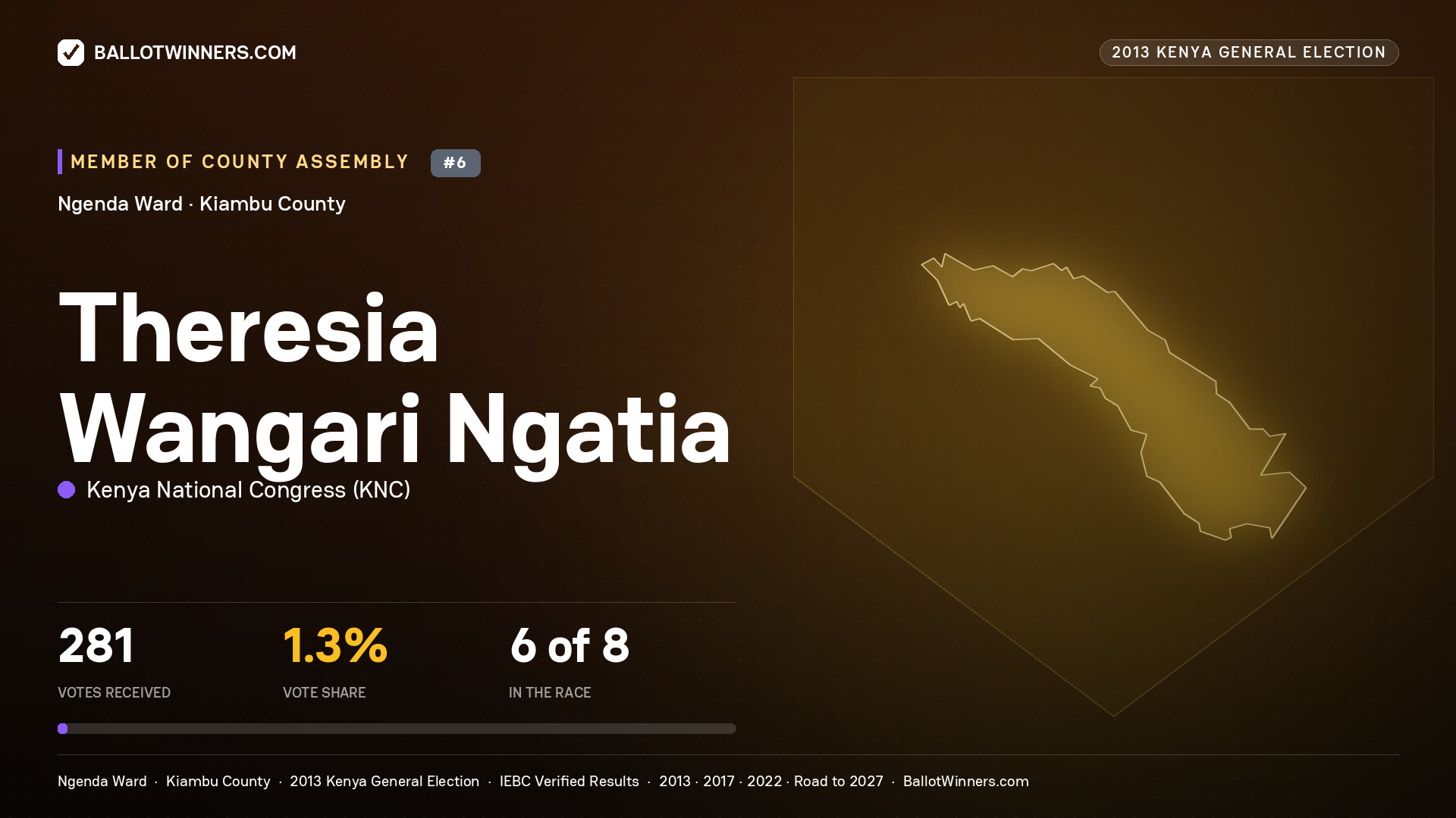 THERESIA WANGARI NGATIA, contested Member of County Assembly for NGENDA, 281 votes, 2013 Kenya general election.