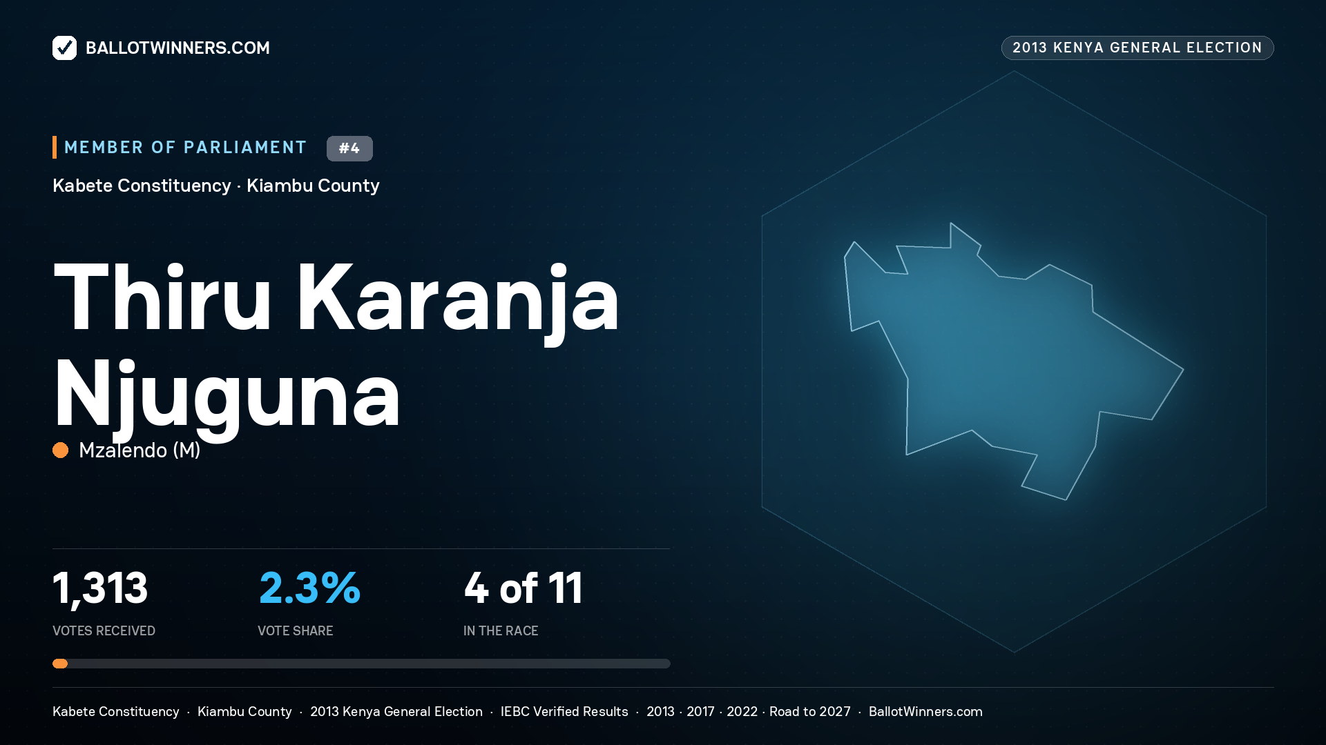 THIRU KARANJA NJUGUNA, contested Member of Parliament for KABETE, 1,313 votes, 2013 Kenya general election.