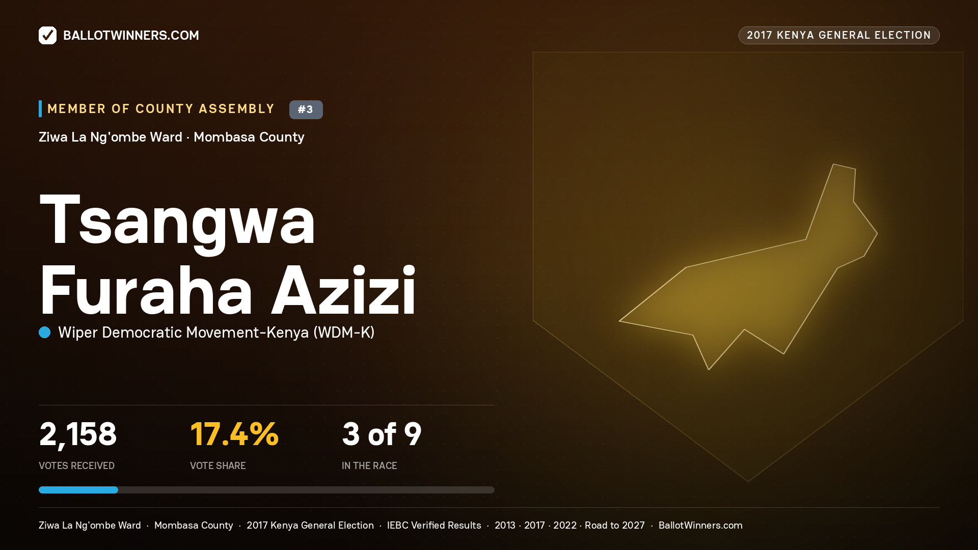 TSANGWA FURAHA AZIZI, WIPER DEMOCRATIC MOVEMENT-
KENYA, contested Member of County Assembly for ZIWA LA NG'OMBE, 2,158 votes, 2017 Kenya general election.