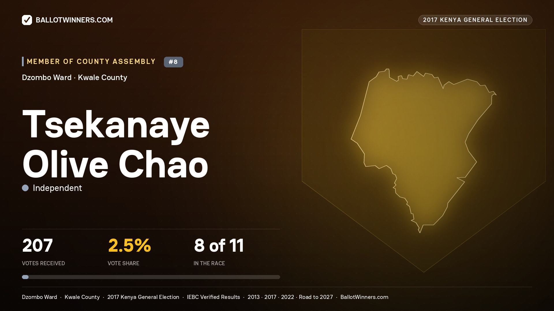 TSEKANAYE OLIVE CHAO, INDEPENDENT, contested Member of County Assembly for DZOMBO, 207 votes, 2017 Kenya general election.
