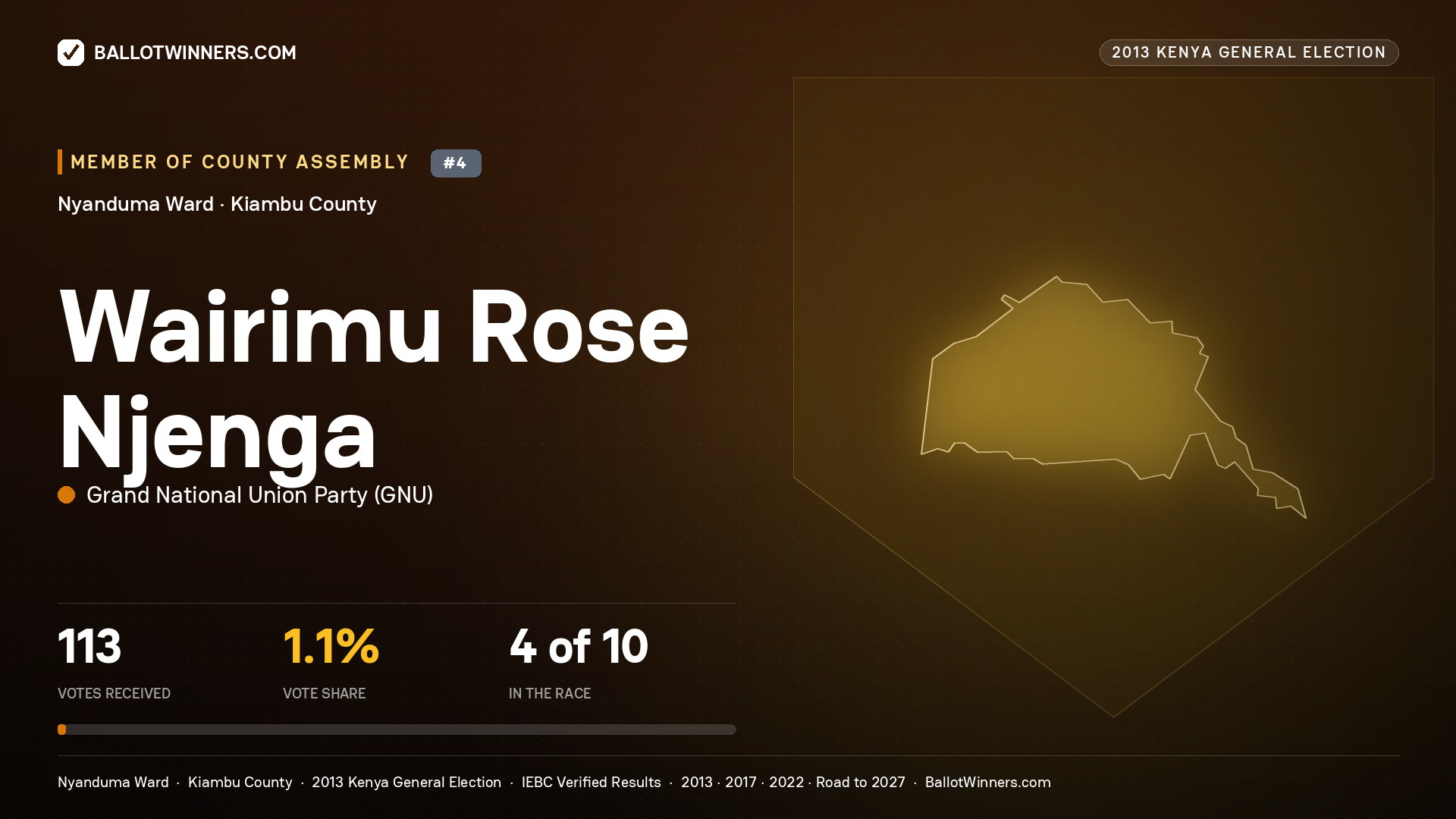 WAIRIMU ROSE NJENGA, contested Member of County Assembly for NYANDUMA, 113 votes, 2013 Kenya general election.