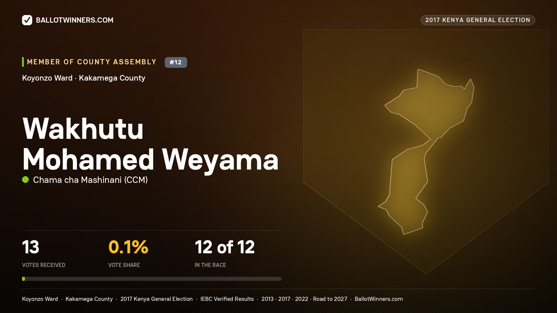 WAKHUTU MOHAMED WEYAMA, CHAMA CHA MASHINANI, contested Member of County Assembly for KOYONZO, 13 votes, 2017 Kenya general election.