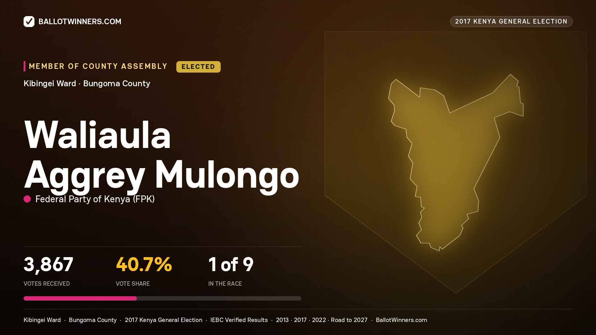 WALIAULA AGGREY MULONGO, FEDERAL PARTY OF KENYA, elected Member of County Assembly for KIBINGEI, 3,867 votes, 2017 Kenya general election.