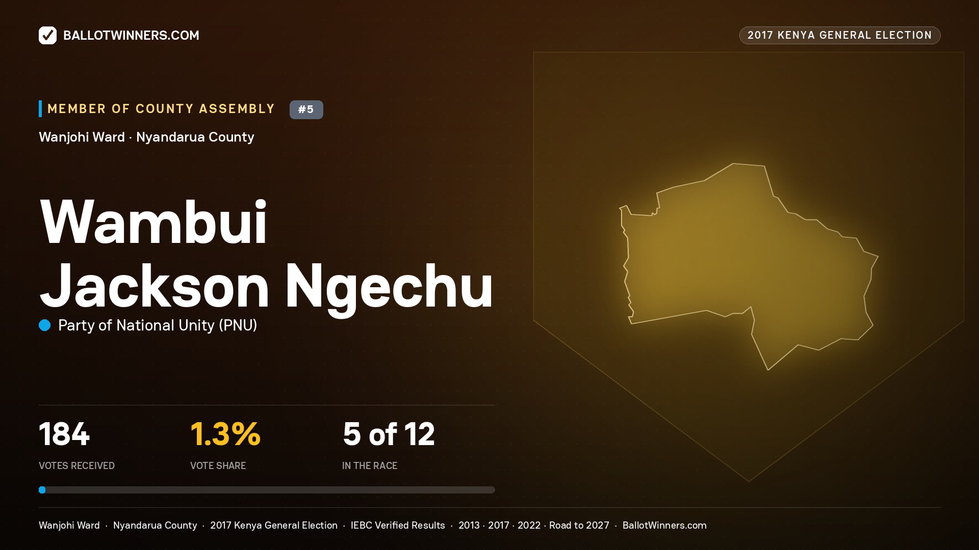 WAMBUI JACKSON NGECHU, PARTY OF NATIONAL UNITY, contested Member of County Assembly for WANJOHI, 184 votes, 2017 Kenya general election.