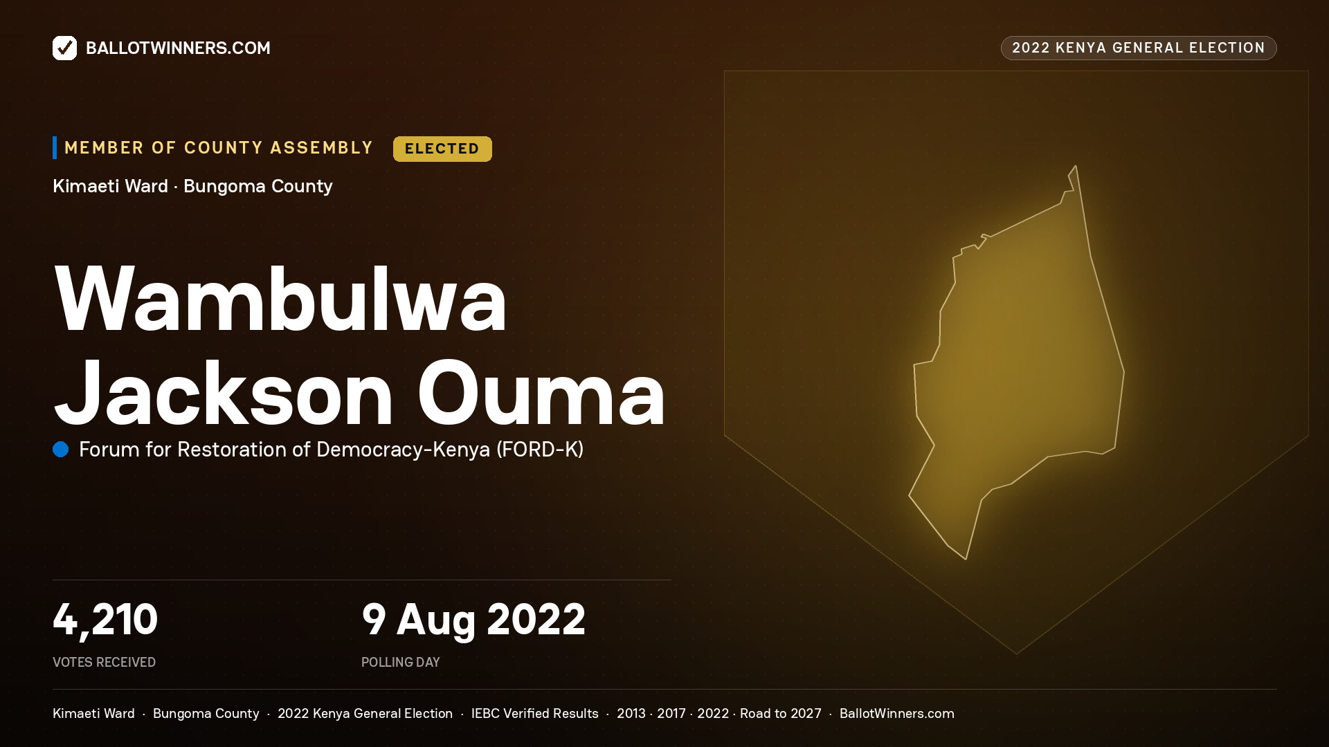 Wambulwa Jackson Ouma, Forum for Restoration of
Democracy-Kenya, elected Member of County Assembly for Kimaeti, 4,210 votes, 2022 Kenya general election.