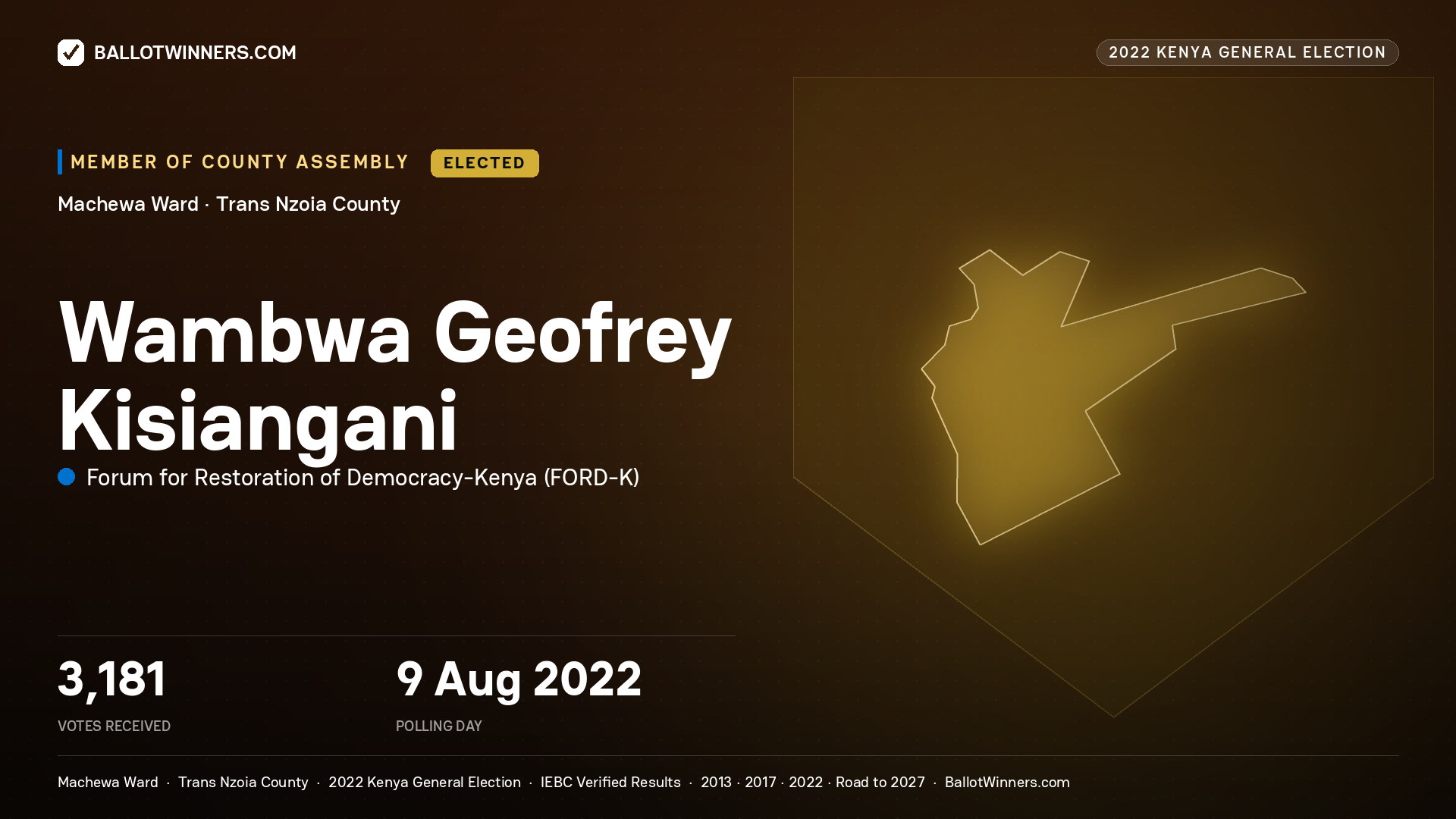 Wambwa Geofrey Kisiangani, Forum for Restoration of
Democracy - Kenya, elected Member of County Assembly for Machewa, 3,181 votes, 2022 Kenya general election.