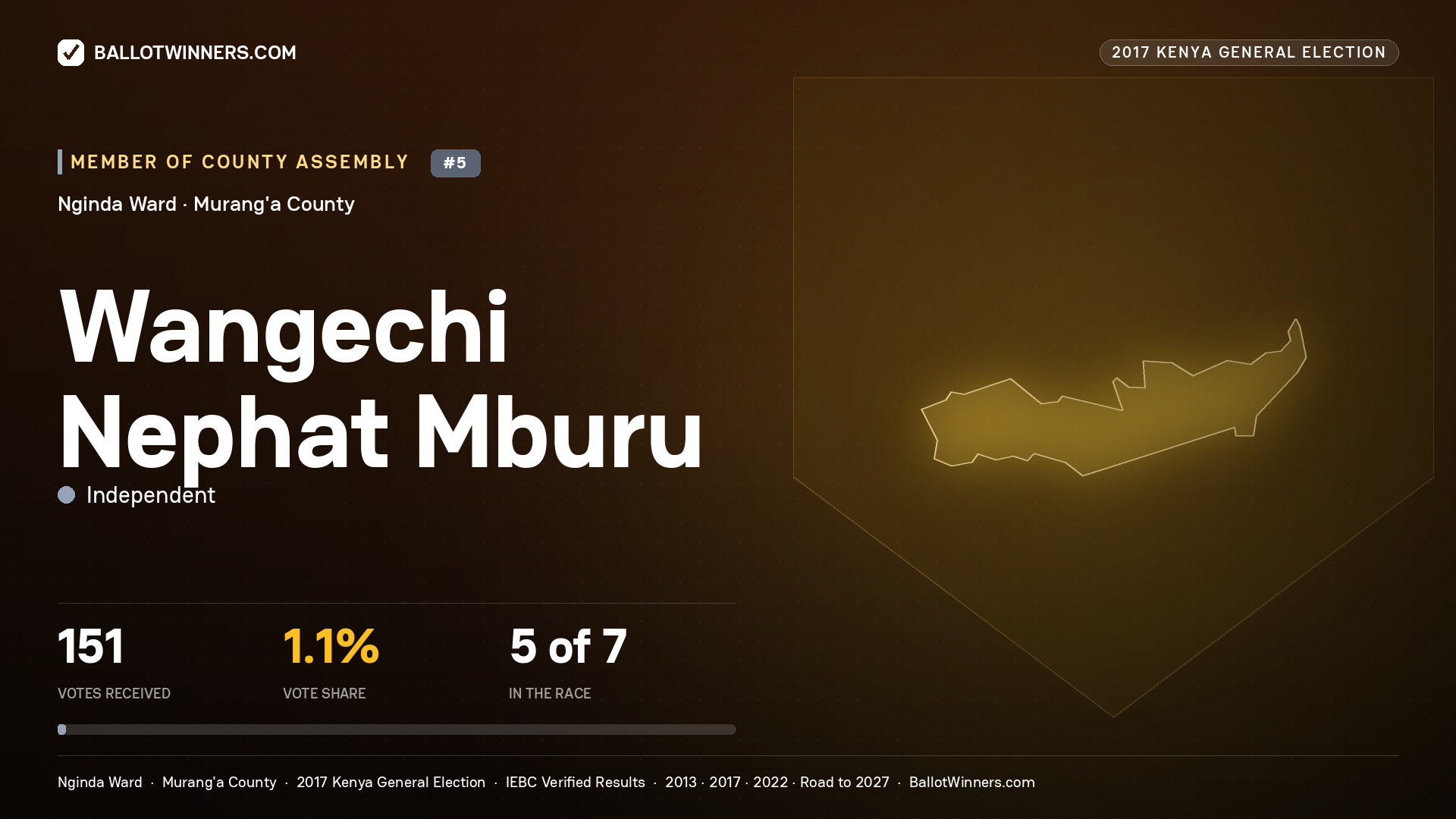 WANGECHI NEPHAT MBURU, INDEPENDENT, contested Member of County Assembly for NGINDA, 151 votes, 2017 Kenya general election.