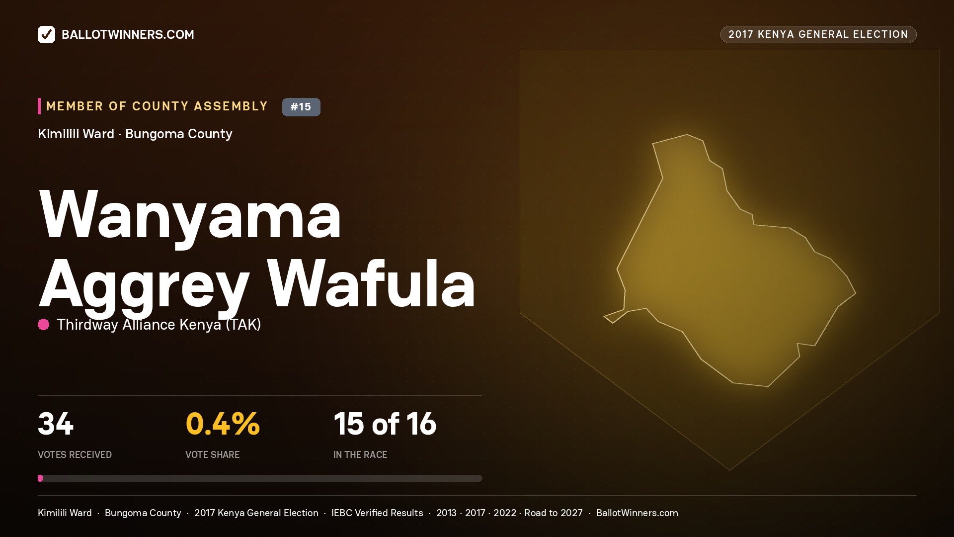 WANYAMA AGGREY WAFULA, THIRDWAY ALLIANCE KENYA, contested Member of County Assembly for KIMILILI, 34 votes, 2017 Kenya general election.