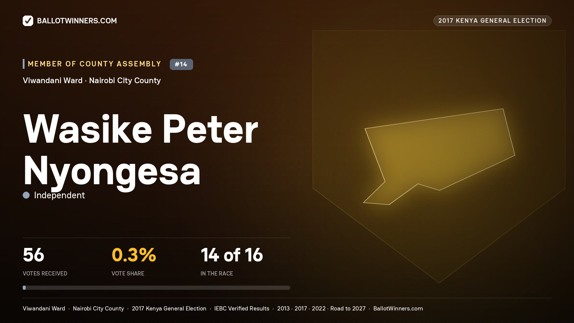 WASIKE PETER NYONGESA, INDEPENDENT, contested Member of County Assembly for VIWANDANI, 56 votes, 2017 Kenya general election.