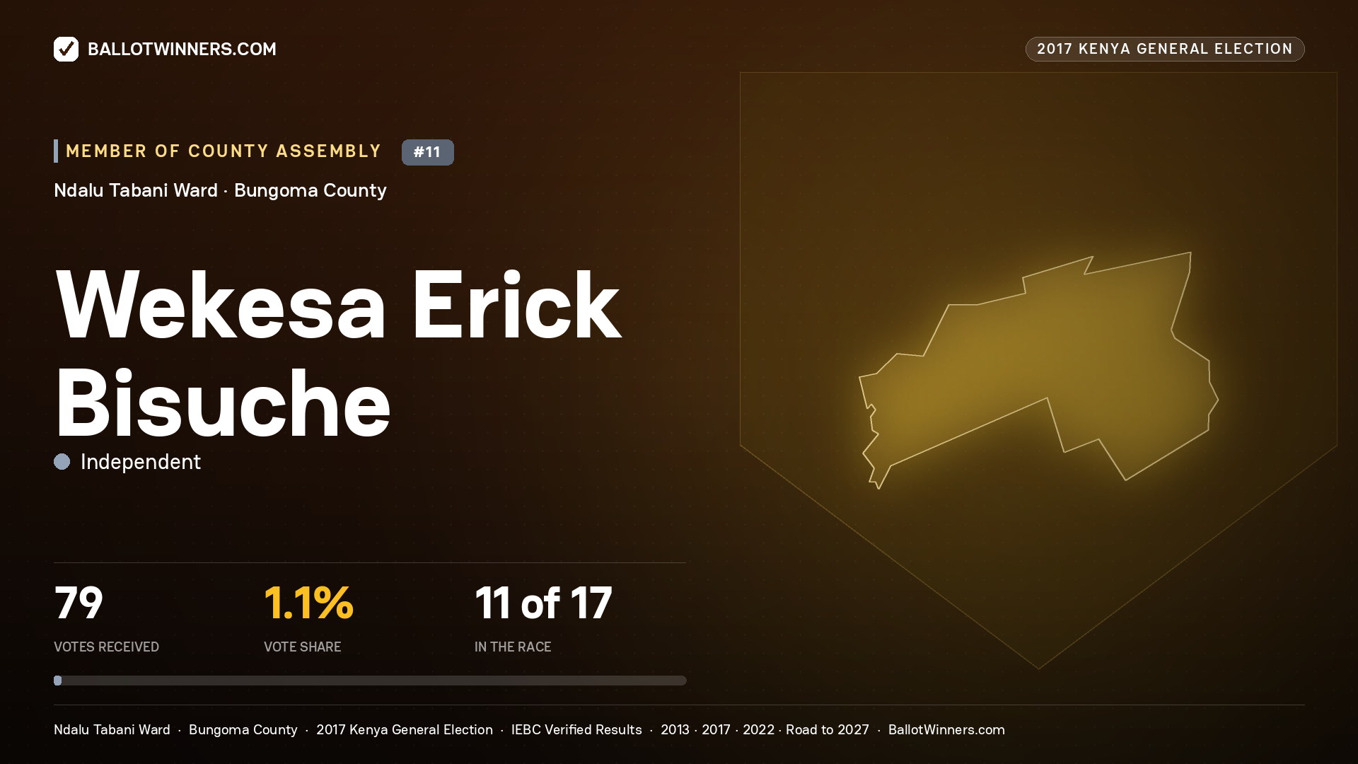WEKESA ERICK BISUCHE, INDEPENDENT, contested Member of County Assembly for NDALU  TABANI, 79 votes, 2017 Kenya general election.