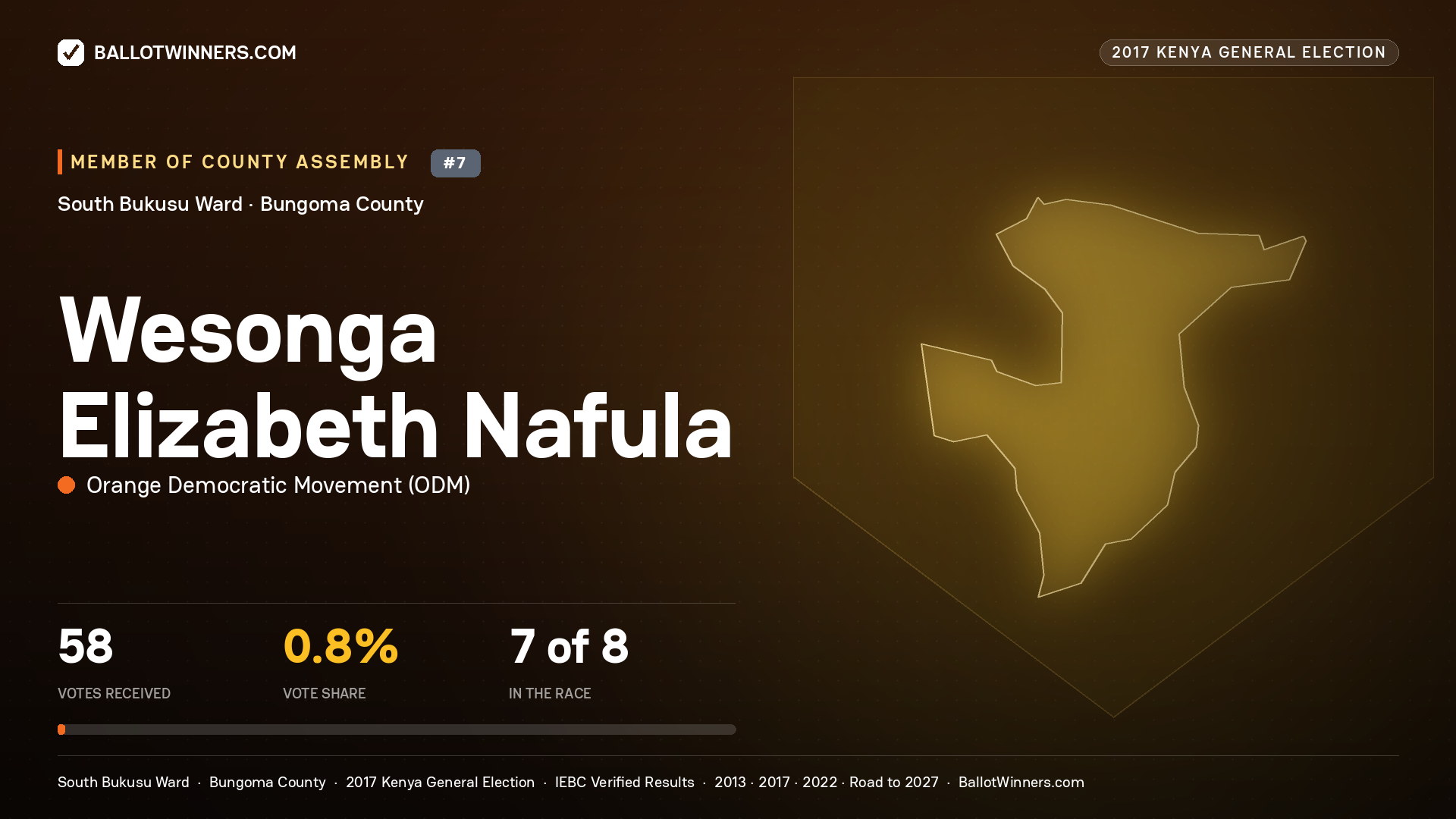 WESONGA ELIZABETH NAFULA, ORANGE DEMOCRATIC MOVEMENT, contested Member of County Assembly for SOUTH BUKUSU, 58 votes, 2017 Kenya general election.