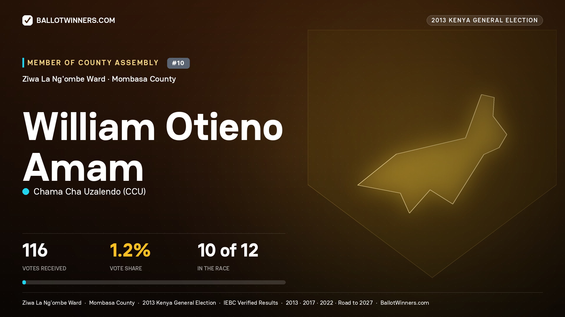 WILLIAM OTIENO AMAM, contested Member of County Assembly for ZIWA LA NG'OMBE, 116 votes, 2013 Kenya general election.