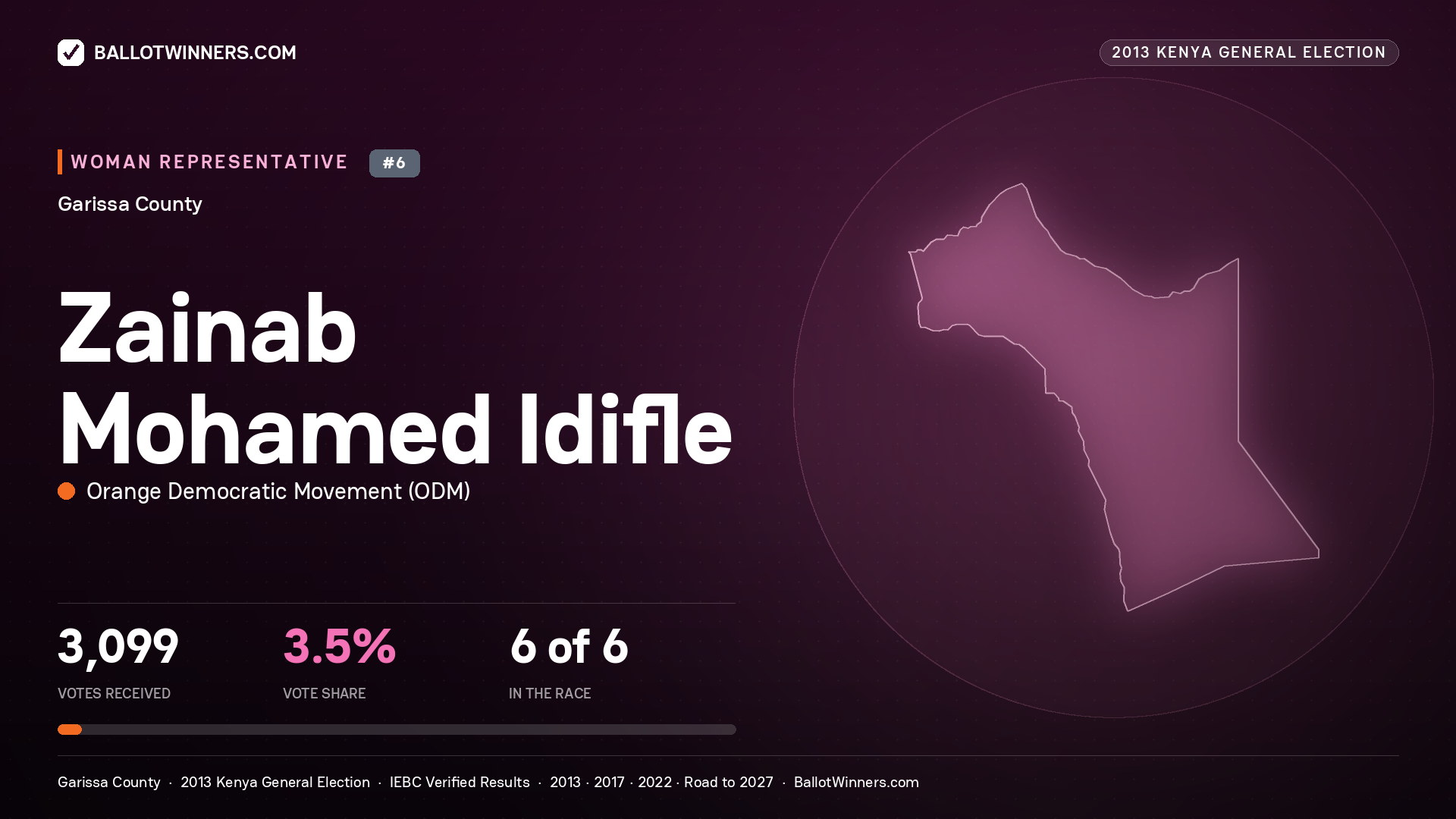 ZAINAB MOHAMED IDIFLE, contested Women Representative for GARISSA, 3,099 votes, 2013 Kenya general election.